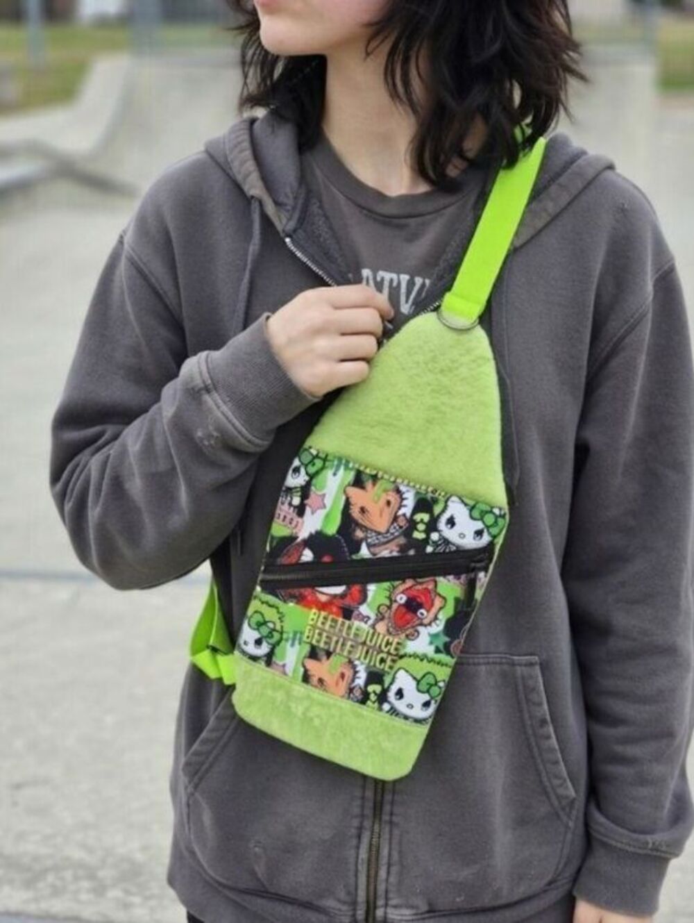 Spooky Cute Goth ghost Cat mashup Water Bottle Sling - Neon Green Zipper Bag